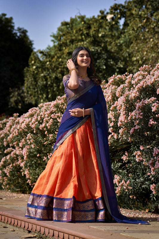 Navy blue & orange Kanchipuram style premium fully stitched lehenga