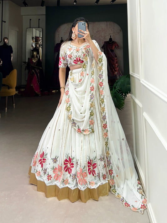 White Navratri Special Chaniya Choli Soft Georgette Fabric Premium Floral Thread and Sequins Work