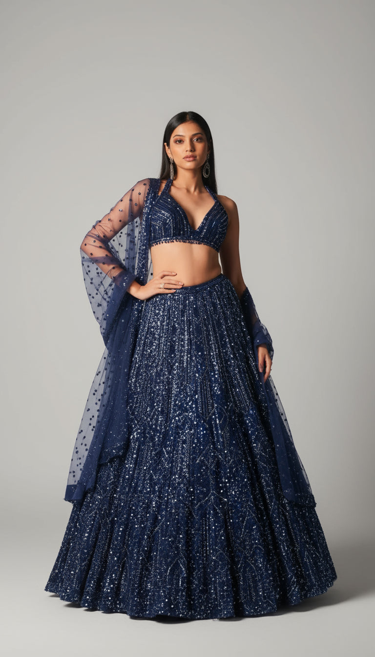 Woman wearing a blue sequin outfit against a dark background