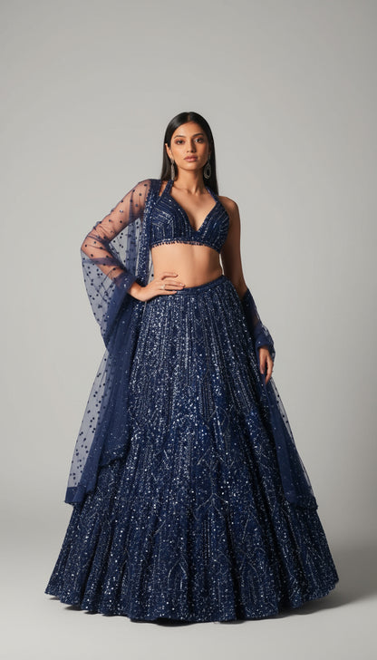 Woman wearing a blue sequin outfit against a dark background