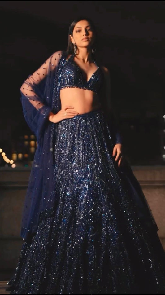 Anoushka - Premium Navy Blue Net Lehenga with Heavy Sequins Work Fully Stitched