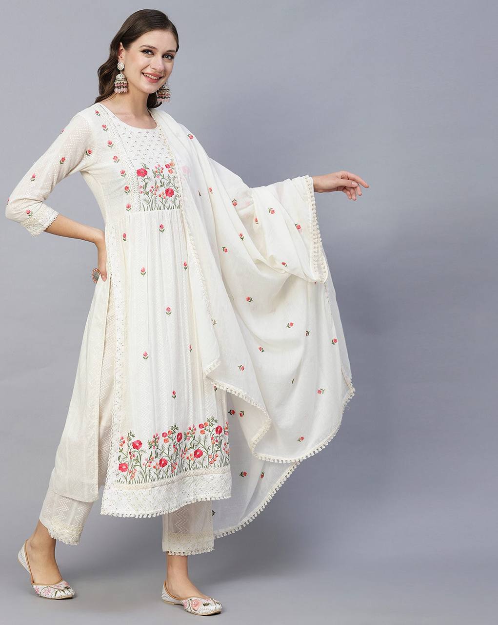 Off white embroidered work kurti set