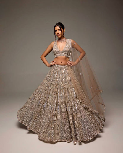 Premium Copper Gold Net Heavy Work Lehenga Fully Stitched