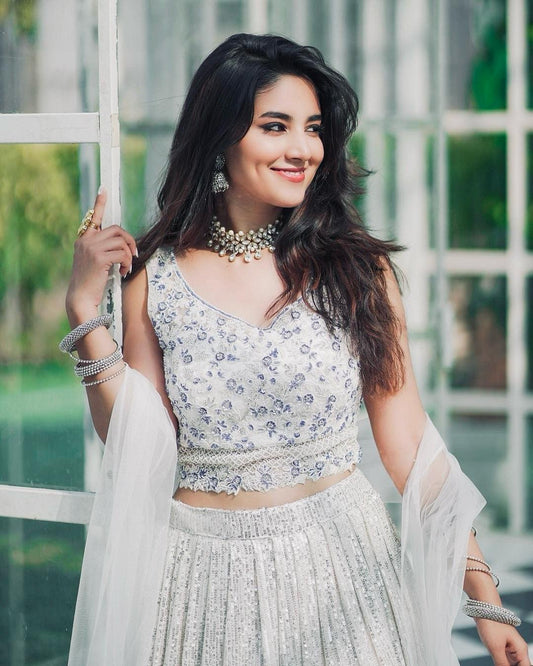 Premium White and Grey Dual Tone Sequins Lehenga Fully Stitched