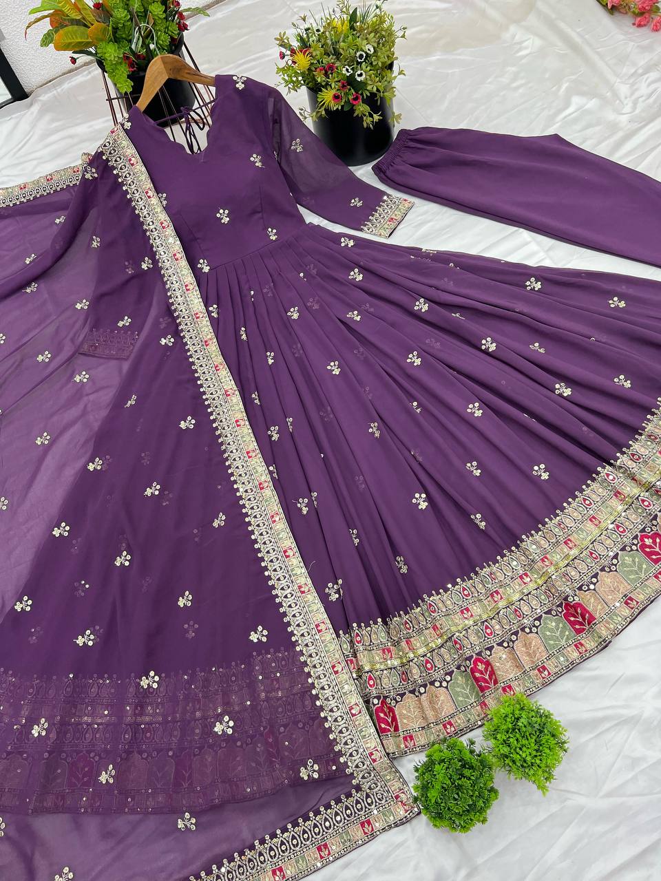 Eggplant Purple Premium Embroidered Gown fully stitched