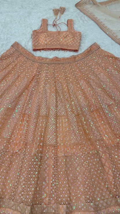 Premium Peach Net Lehenga with Sequins and Dori Work Fully Stitched