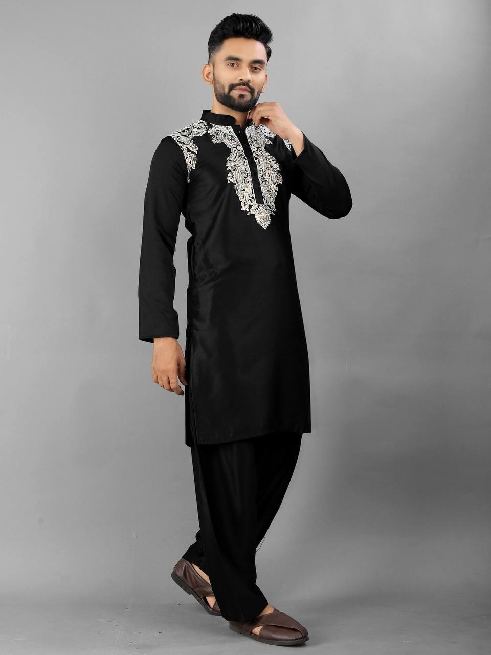 Jet Black Premium Men's Pathani Kurta with Pajama