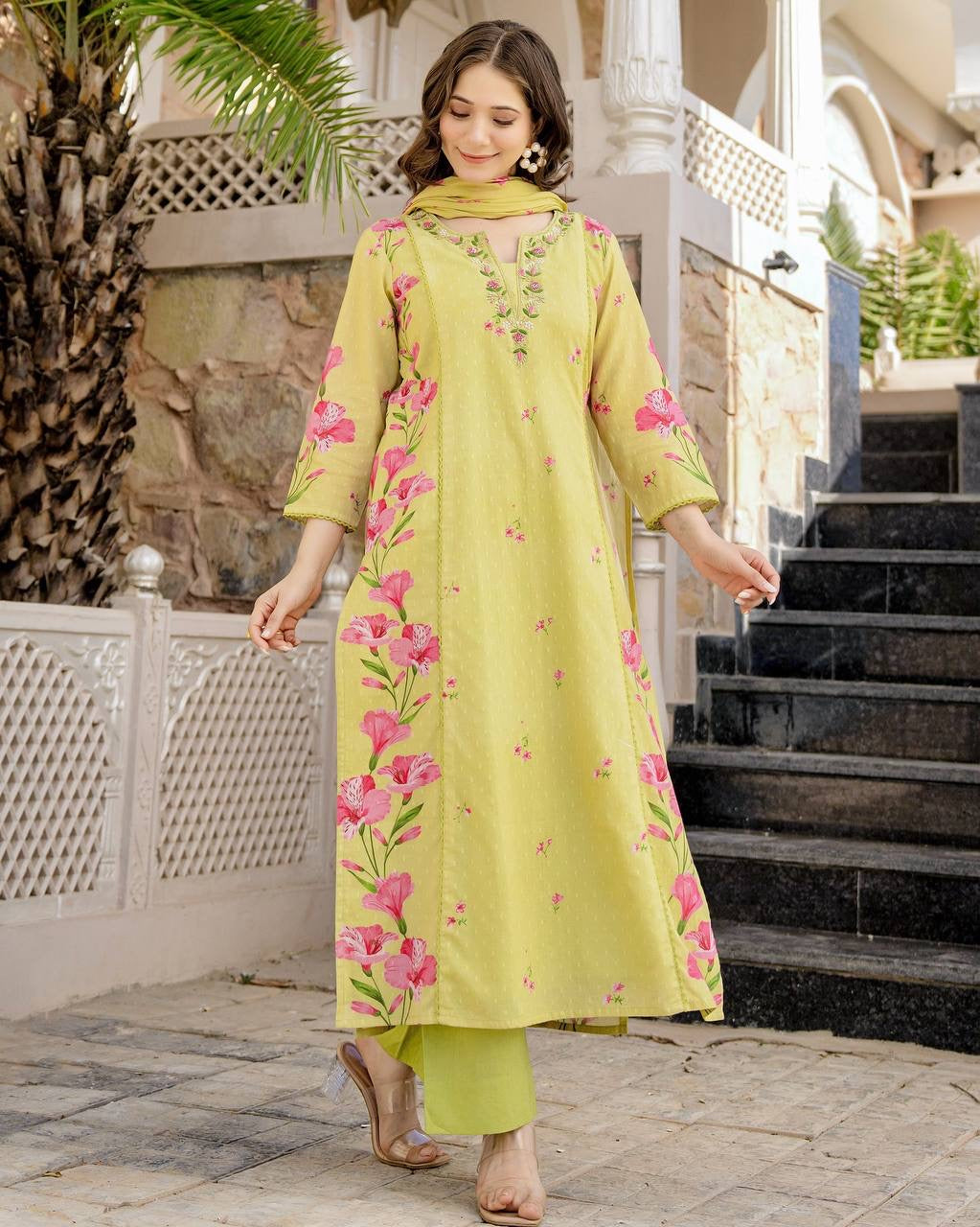 Lime Yellow Chanderi Cotton Soft Kurti Set