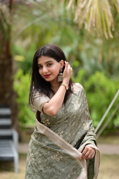 Evika - Premium Tussar Cotton Saree with Cut Work & Stitched Blouse