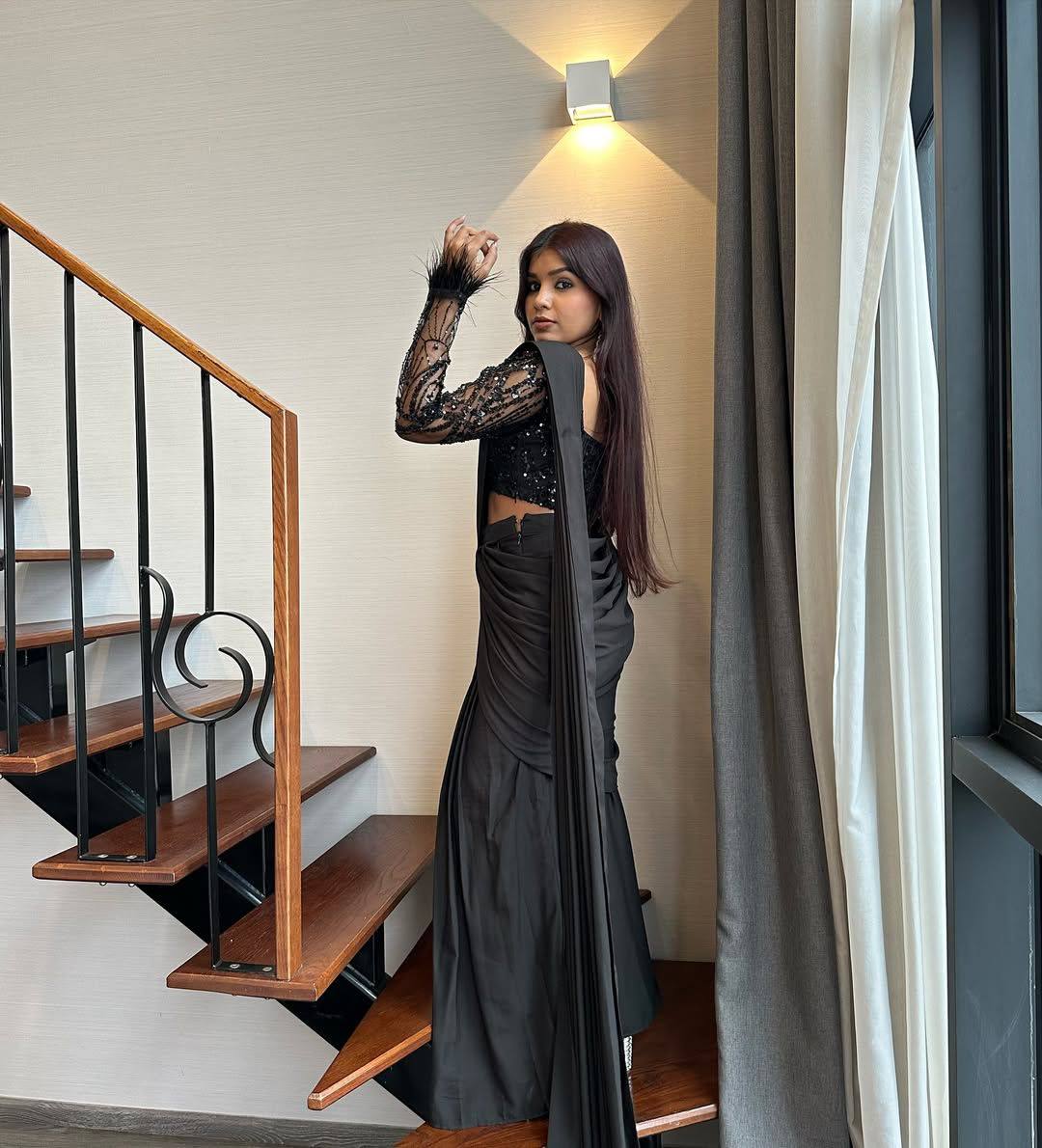 Malaika - Jet Black Premium Silk Lehenga Fusion Saree for Dinner, Parties or Marriage Functions