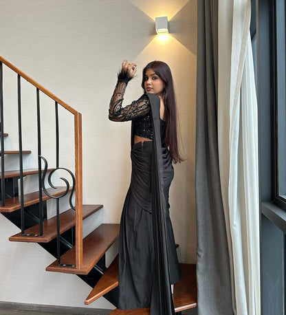 Malaika - Jet Black Premium Silk Lehenga Fusion Saree for Dinner, Parties or Marriage Functions