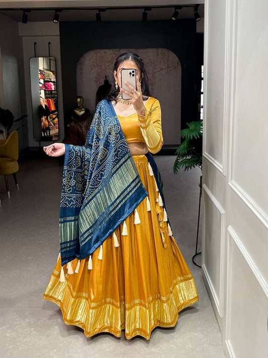 Evergreen simple lehenga with bandhej print silk dupatta