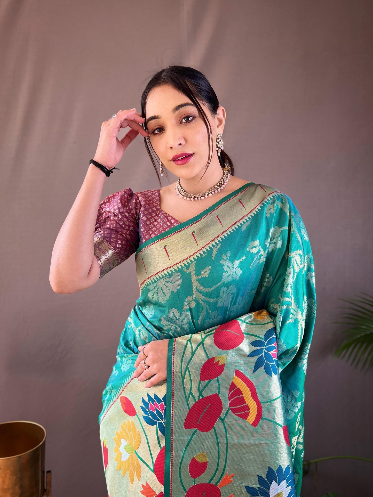 Suhani - Pure Paithai Silk Floral Weaved Saree with Stitched Blouse Options