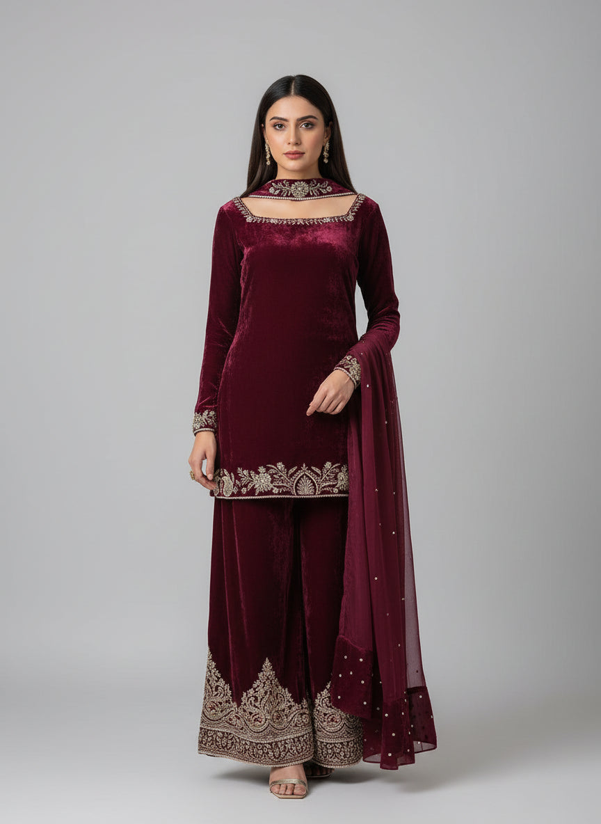 Woman wearing a purple velvet outfit with intricate designs in a room.
