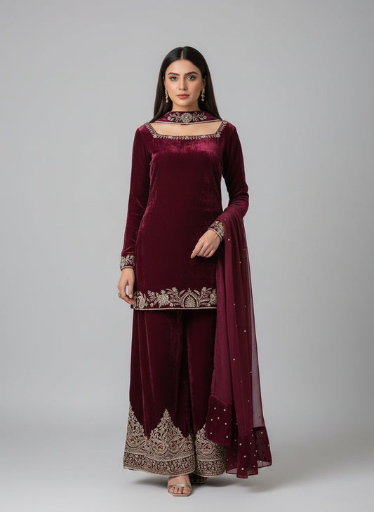 Woman wearing a purple velvet outfit with intricate designs in a room.