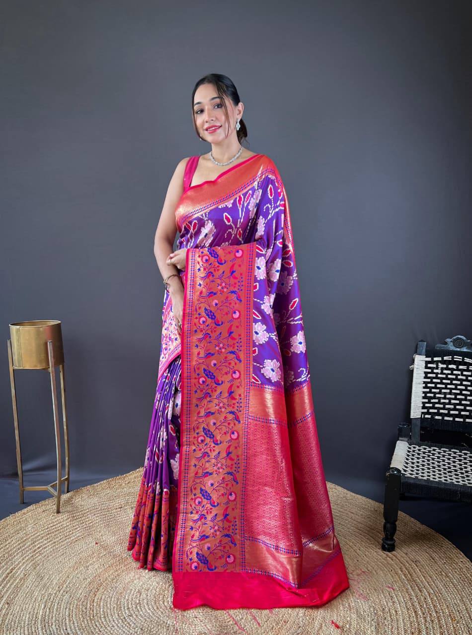 Premium Soft Silk With Rich Patola Weaving and Contast Pallu with Stitched Blouse