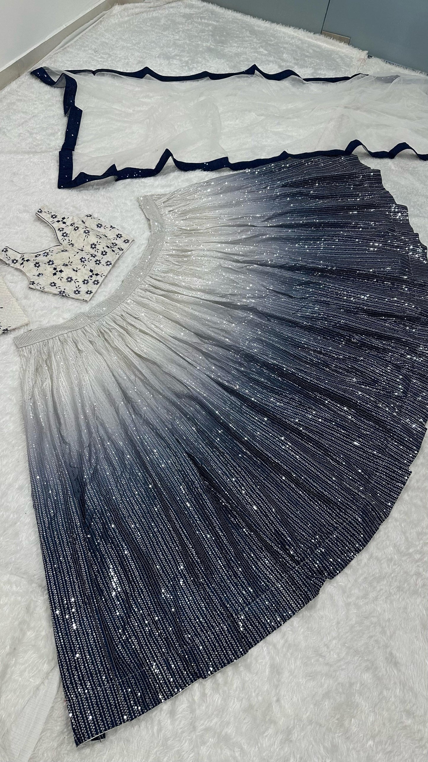 Premium White and Grey Dual Tone Sequins Lehenga Fully Stitched
