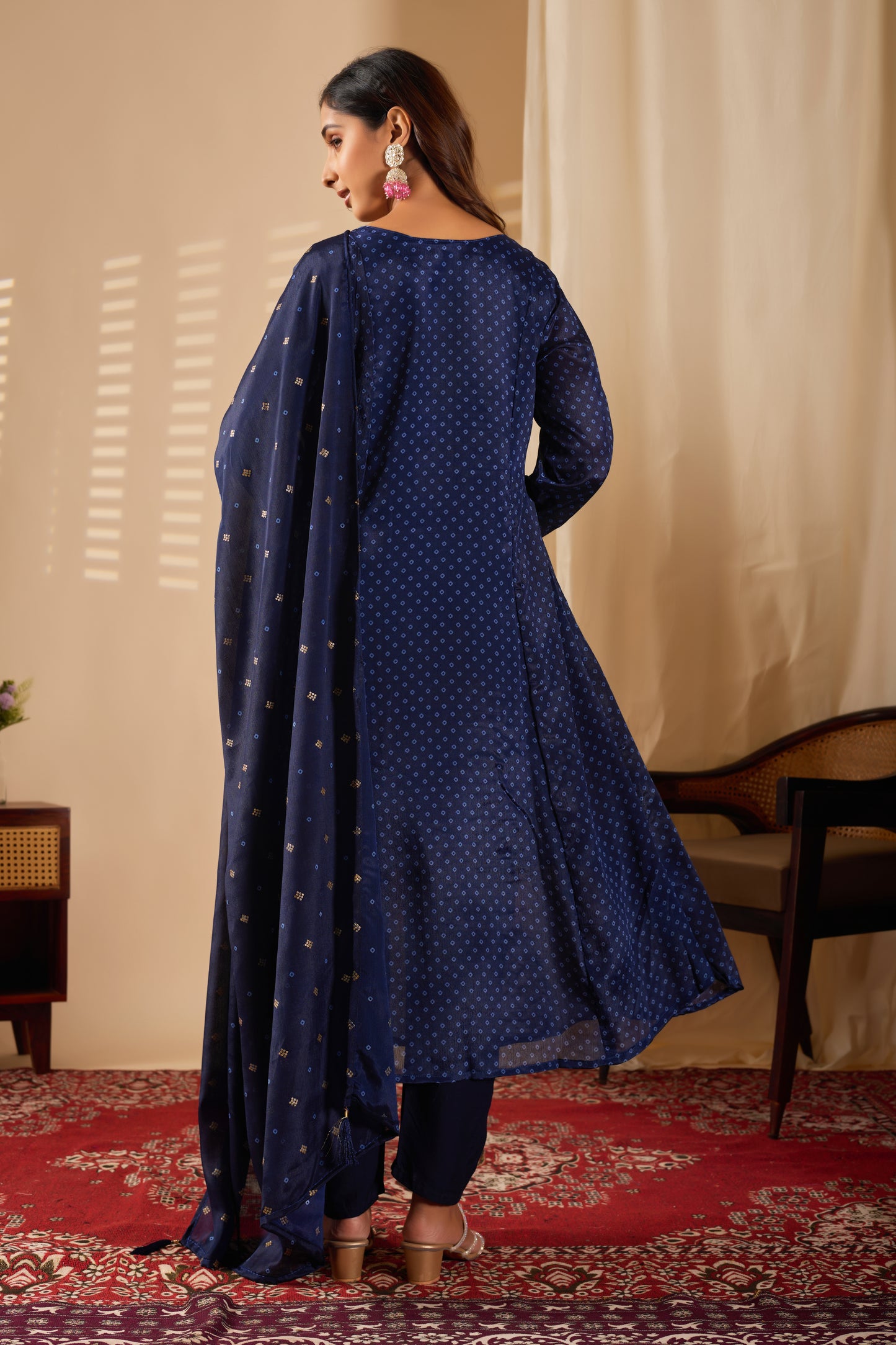 Premium Navy Blue Chinon Silk Kurti Set with Beautiful Embroidery