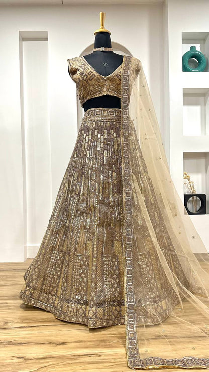 Premium Copper Gold Net Heavy Work Lehenga Fully Stitched