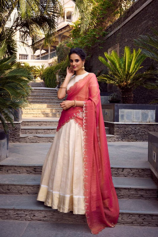White & Pink Elegant Silk Lehenga Minimal yet Classy Fully Stitched