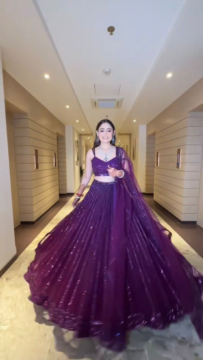 Purple & Wine Beautiful Net Lehenga with Premium Sequins and Dori Work Fully Stitched
