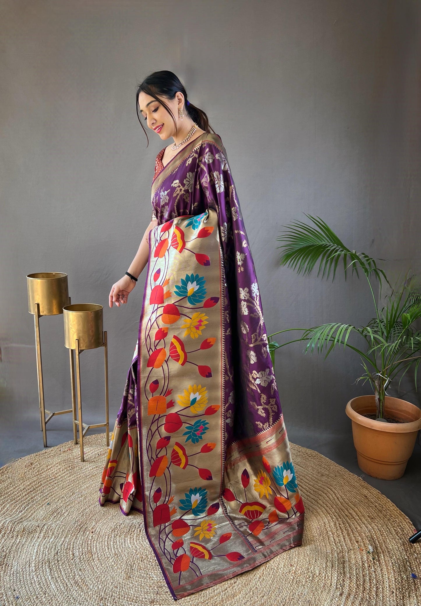 Suhani - Pure Paithai Silk Floral Weaved Saree with Stitched Blouse Options