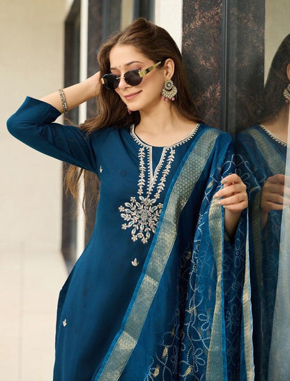 Premium Rama Rayon Fully Stitched Kurti Set with Minimal Embroidery