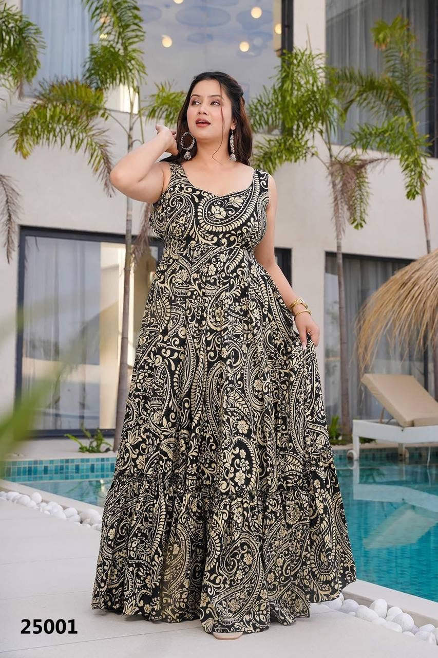 Black Premium Floral Soft Rayon Fabric Comfy Casual Gown Fully Stitcheda