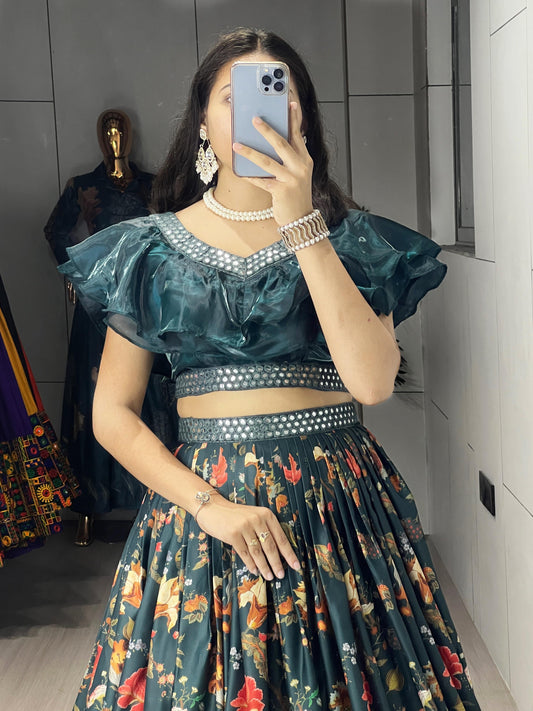 Pure Muslin Dark Bottle Green Casual Lehenga Fully Stitched
