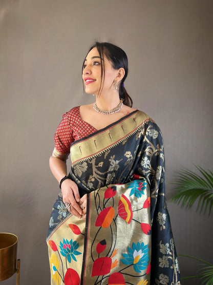 Suhani - Pure Paithai Silk Floral Weaved Saree with Stitched Blouse Options