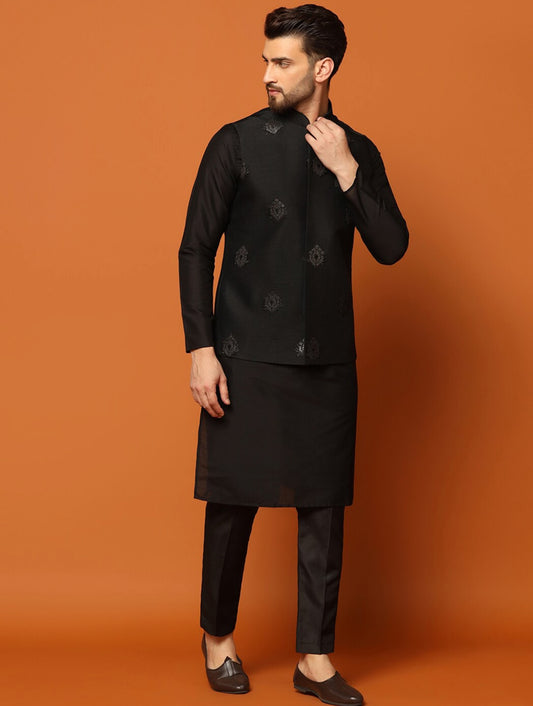 Rutrang - Full Black Men's Koti kurta set