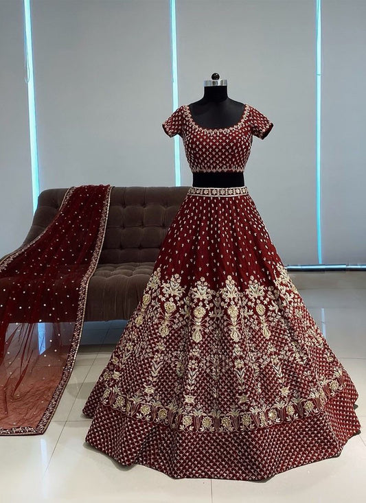Dark Maroon Heavy Embroidered Tafeta Silk Fully Stitched Lehenga