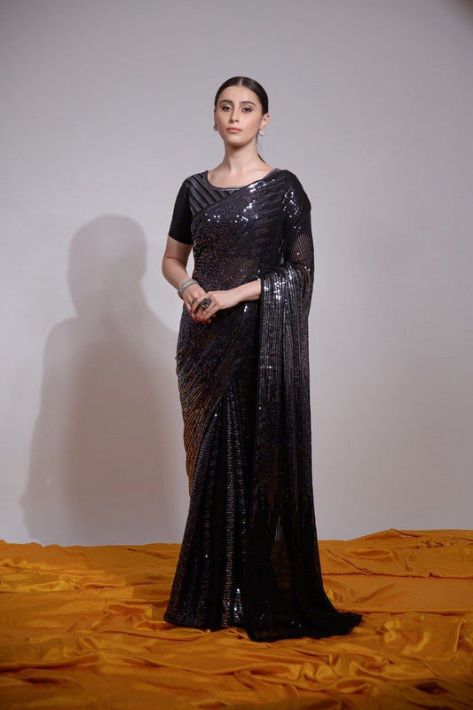 Premium Black Bollywood Style Fully Sequins shimmering Saree with Stitched Blouse