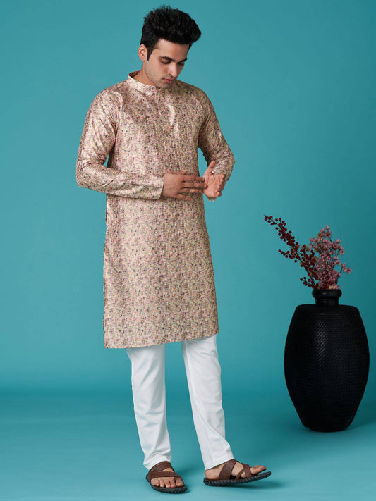 Beige Men's traditional indian sequins work with print cotton kurta with pajama
