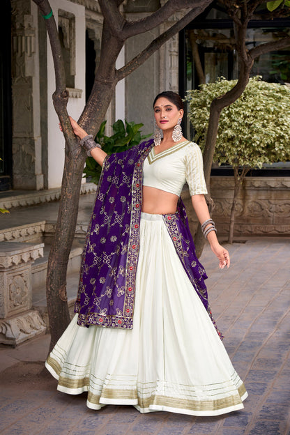 Pankhudi - Premium Rayon Cotton White and Purple Chaniya Cholis Fully Stitched