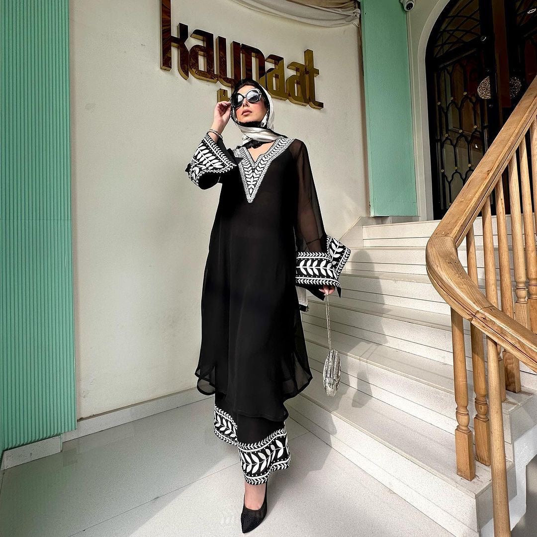 Georgette black Top & Plazo suit fully stitched
