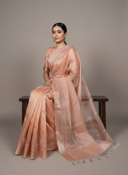 Malvika - Premium Shimmer Net type Pastel Colours Saree with Stitched Blouse of your Own Style