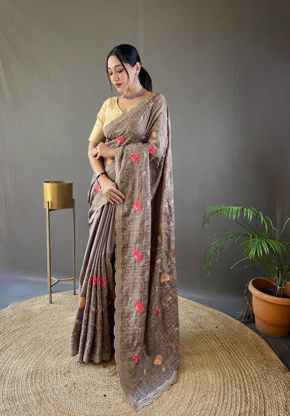 Kamya - Pure Tussar Silk with Jaal Embroidery Weaving with Stitched Blouse Options