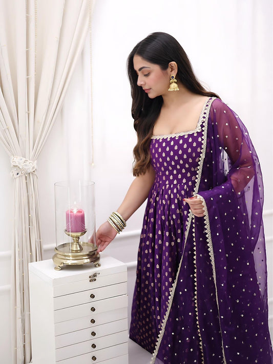 Purple Jacquard Silk Butti Weaving Premium Anarkali Suit with Net Dupatta and Pant