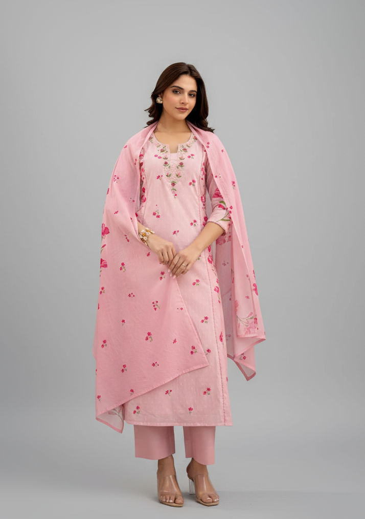 Baby Pink Chanderi Cotton Soft Kurti Set
