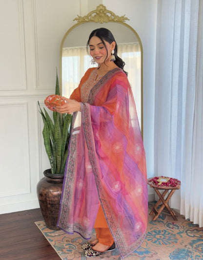 Peachy Orange Soft Rayon Kurti Set with Minimal Embroidery at Neck