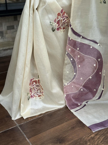 Pure Tusser Linen Saree Fluid Printed Design with Stitched Blouse Options