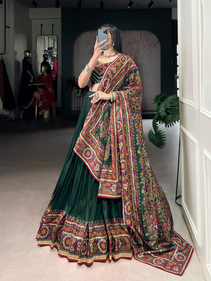 Gamthi Print and Embossed Lace Silk Chaniya Cholis for Navratri Fully Stitched