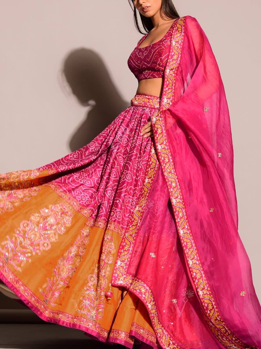 Pink and Orange Bandhani Style Soft Silk Lehenga with Minimal Work Fully Stitched