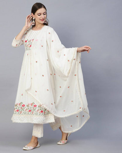 Off white embroidered work kurti set