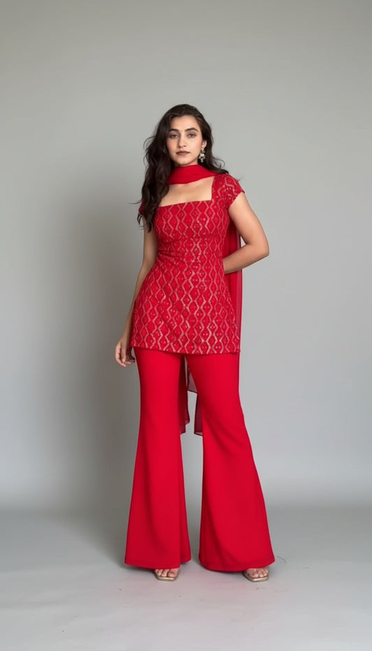 Woman in a red outfit standing in a room with a lamp and plant.