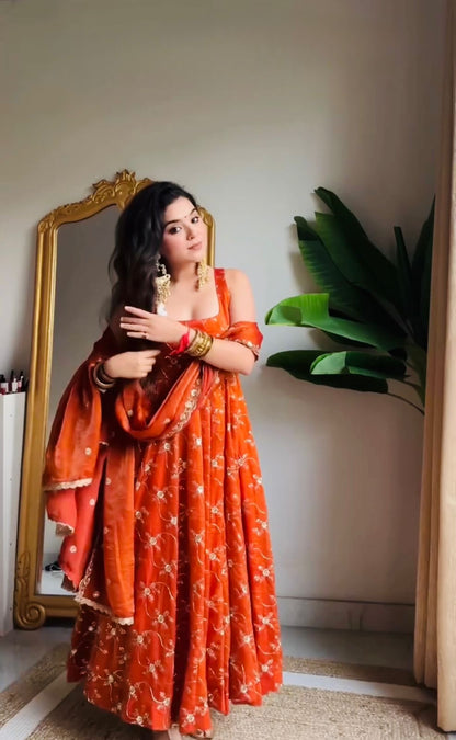 Heer - Premium Orange Silk Anarkali Suit Fully Stitched