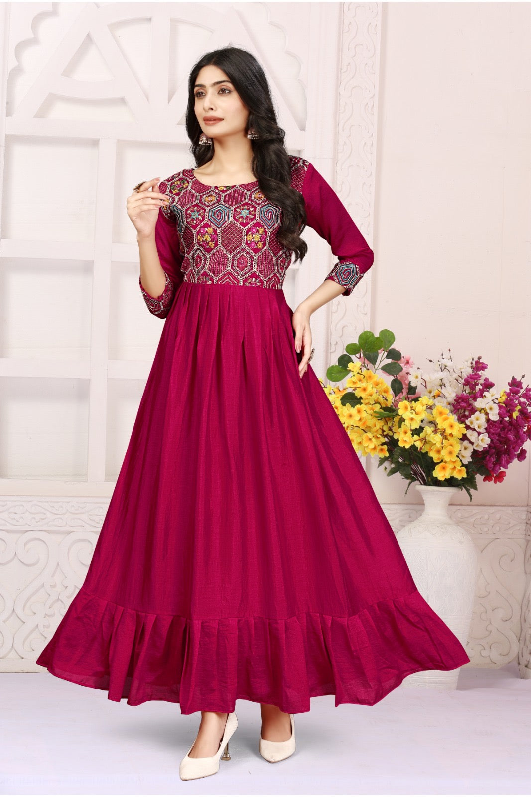 Rani Pink Vichitra Silk Gown Fully Stitched
