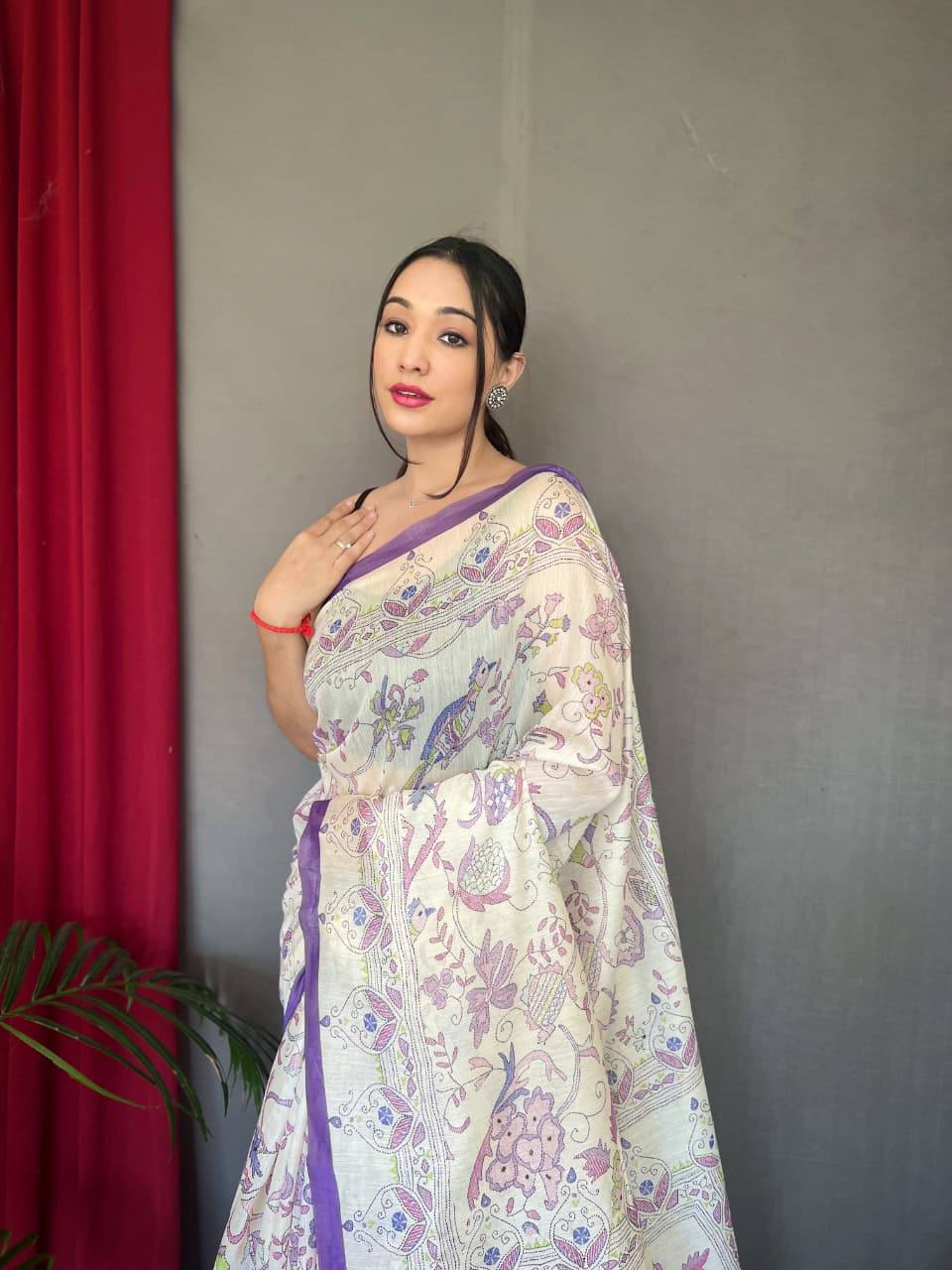 Premium White Cotton Sarees with Katha Prints with Fully Stitched Blouse