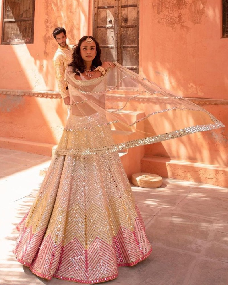 Pastel Off White Paper Mirror Work Fully Stitched Lehenga Choli